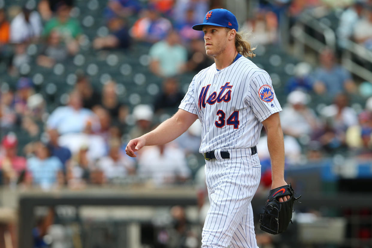 NEW YORK, NY - SEPTEMBER 08: Noah Syndergaard #34 of the New York Mets in action against the Philadelphia Phillies during a game at Citi Field on September 8, 2019 in New York City. (Photo by Rich Schultz/Getty Images)