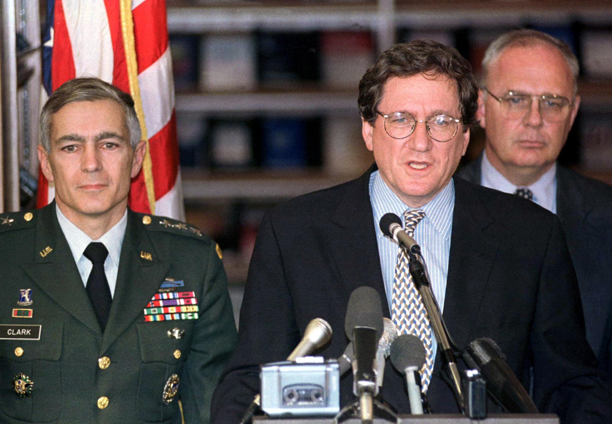 U.S. peace envoy Richard Holbrooke, accompanied by General Wesley Clark (L), announces the ceasefire agreement for Bosnia at the US embassy in Zagreb in this October 5, 1995. (Nikola Solic/Reuters)