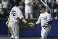 New York Yankees Brett Gardner right, celebrates his home run with teammate DJ LeMahieu during the seventh inning of a baseball game against the Toronto Blue Jays, Tuesday, June 15, 2021, in Buffalo, N.Y. (AP Photo/Jeffrey T. Barnes)