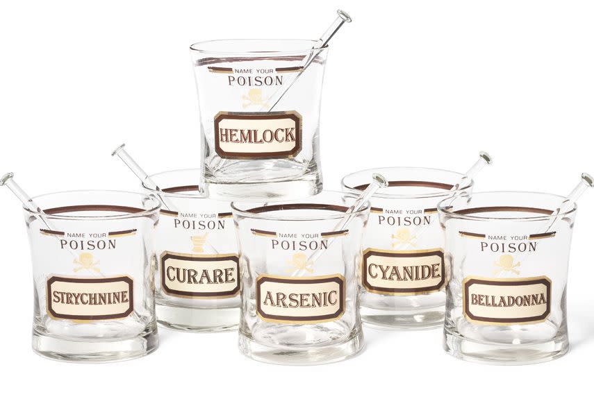 <p>After World War II, an optimistic and increasingly suburban America embraced the at-home cocktail hour, leading to a glut of novelty barware that included toxin-themed glasses like these. Two companies, Georges Briard and Ceraglass, began making "Name Your Poison" sets in the 1950s, issuing them in different shapes with varying graphics. Ceraglass likely manufactured this particular version in the late '60s. </p>