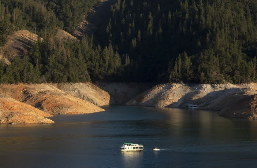 SHASTA LAKE, CA - July 15: Years-long drought has dropped the water level exposing the "bathtub ring" at Shasta Lake in California. Photographed on Friday, July 15, 2022 in Shasta Lake, Shasta County CA. (Myung J. Chun / Los Angeles Times)