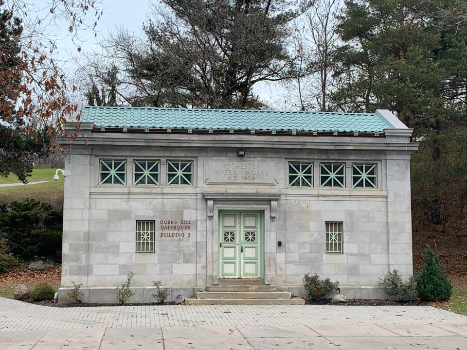 A Cobb's Hill Gatehouse is seen at the base of the hill in Cobb's Hill Park.