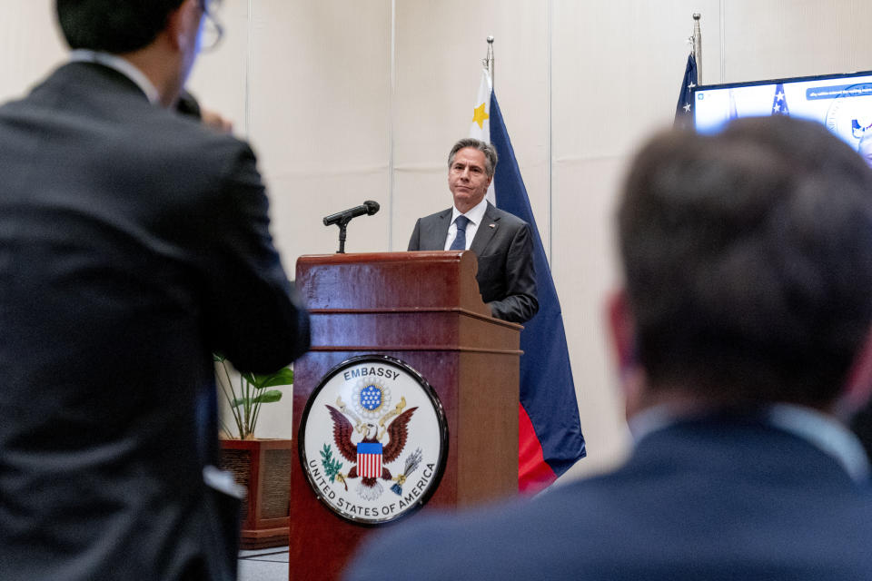 Secretary of State Antony Blinken takes a question from a reporter during a virtual joint news conference with Philippine Foreign Secretary Enrique Manalo at the Peninsula Hotel in Manila, Philippines, Saturday, Aug. 6, 2022. Blinken is on a ten-day trip to Cambodia, Philippines, South Africa, Congo, and Rwanda. (AP Photo/Andrew Harnik, Pool)