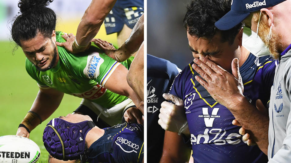 Corey Harawira-Naera has posted an apology to Melbourne Storm's Jahrome Hughes, after he was left with a heavy concussion in a tackle from the Raiders back-rower. Pictures: Getty Images