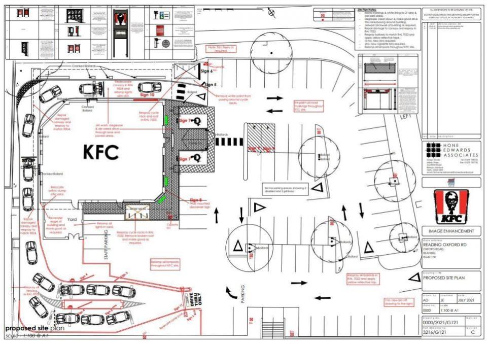 Reading Chronicle: Approved site plan for KFC at Reading Retail Park. Fast food giants are adding ordering lanes to their drive-thrus.Credit: Horn Edwards Associates