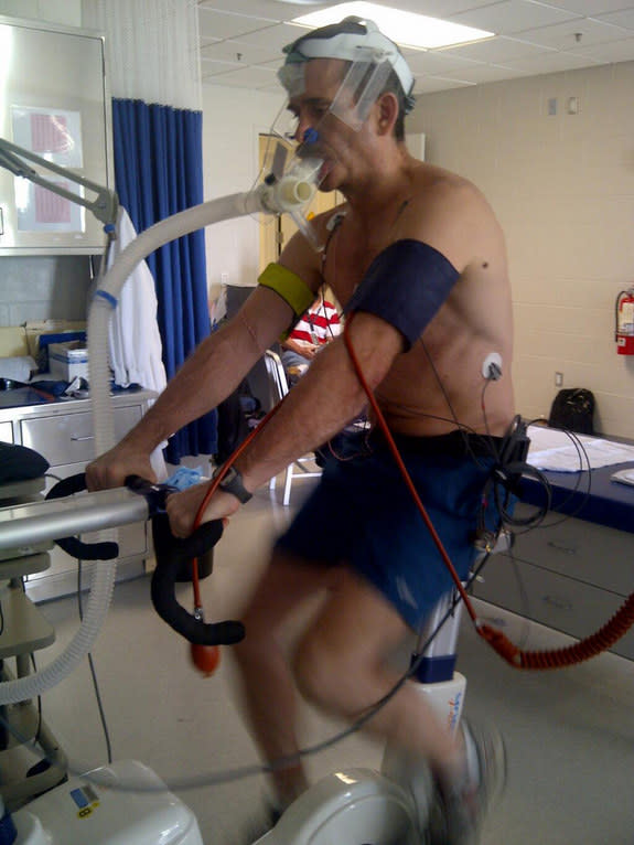 Astronaut Chris Hadfield performs cardiovascular testing a few days after his mission returned to Earth May 13, 2013.