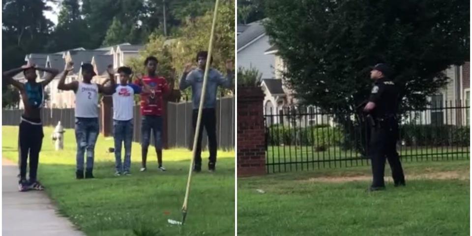 The teens, left, and the officer, right.