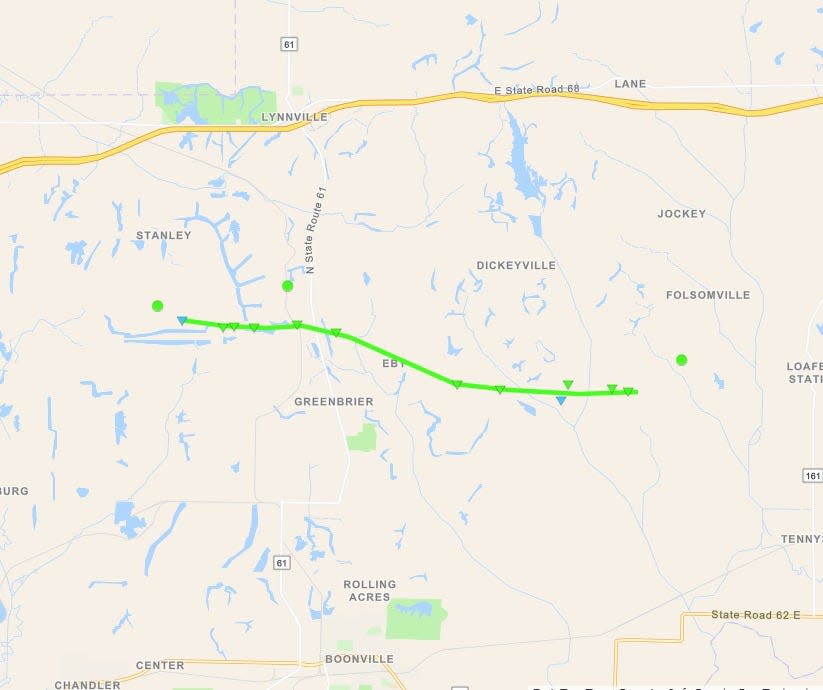 The path of an April 2 tornado in Warrick County. It followed Turpin Hill Road and crossed over Indiana 61 north of Greenbrier.