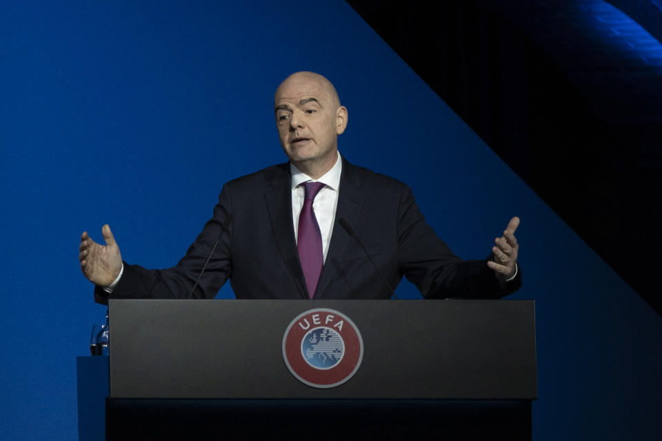FIFA President Gianni Infantino addresses a meeting of European soccer leaders at the congress of the UEFA governing body in Amsterdam's Beurs van Berlage, Netherlands, Tuesday, March 3, 2020. (AP Photo/Peter Dejong)