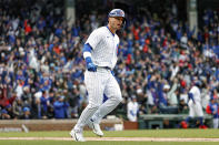 Chicago Cubs' Nico Hoerner rounds the bases after hitting a two-run home run against the Milwaukee Brewers during the fifth inning of a baseball game, Thursday, April 7, 2022, in Chicago. (AP Photo/Kamil Krzaczynski)