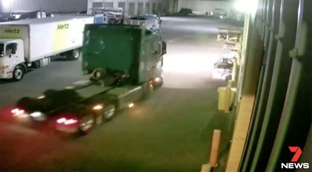 The thief makes away with a Mercedes prime mover. Source: 7 News