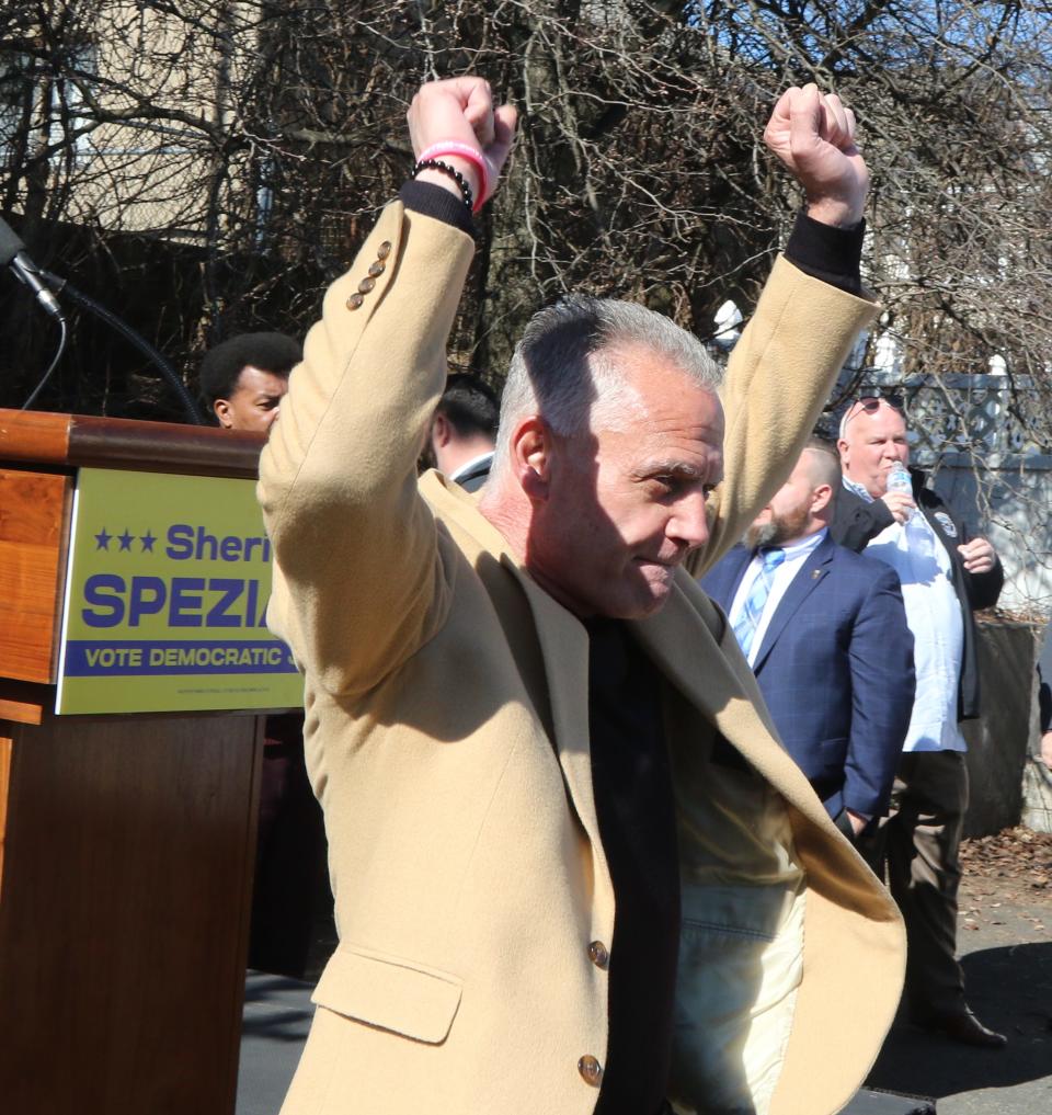 Jerry Speziale arrives in Haledon to announce his run for Passaic County Sheriff with a group of supporters that included many labor and community leaders on March 1, 2024.