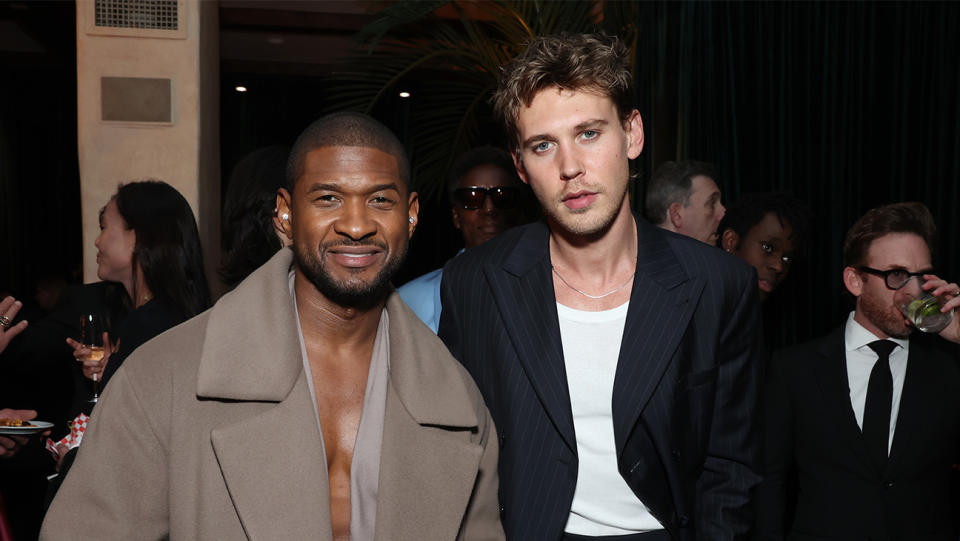 Usher and Austin Butler attend WME’s pre-Oscar party at the Hearst Estate in Beverly Hills on March 8, 2024.