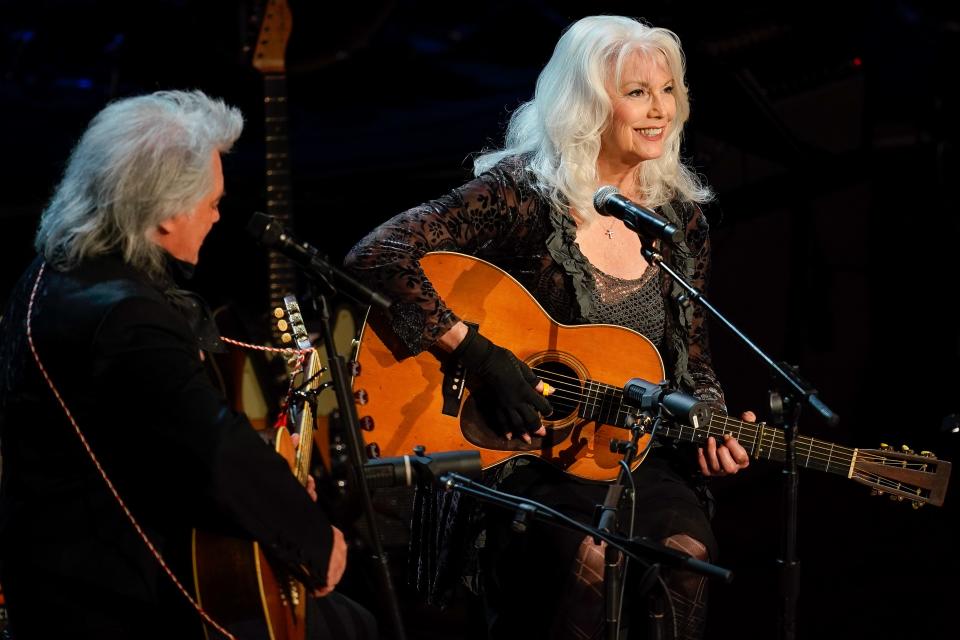 Marty Stuart and Emmylou Harris perform during Marty Stuart’s 19th Late Night Jam at Ryman Auditorium in Nashville, Tenn., Wednesday, June 8, 2022.