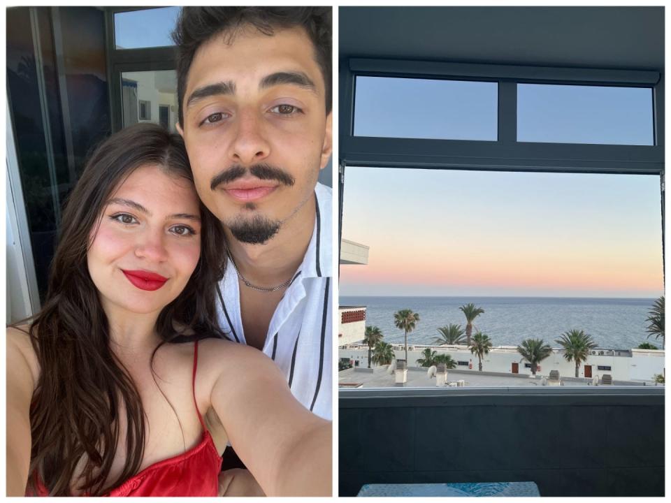 Left, the author and her boyfriend. Right, a sunset view.