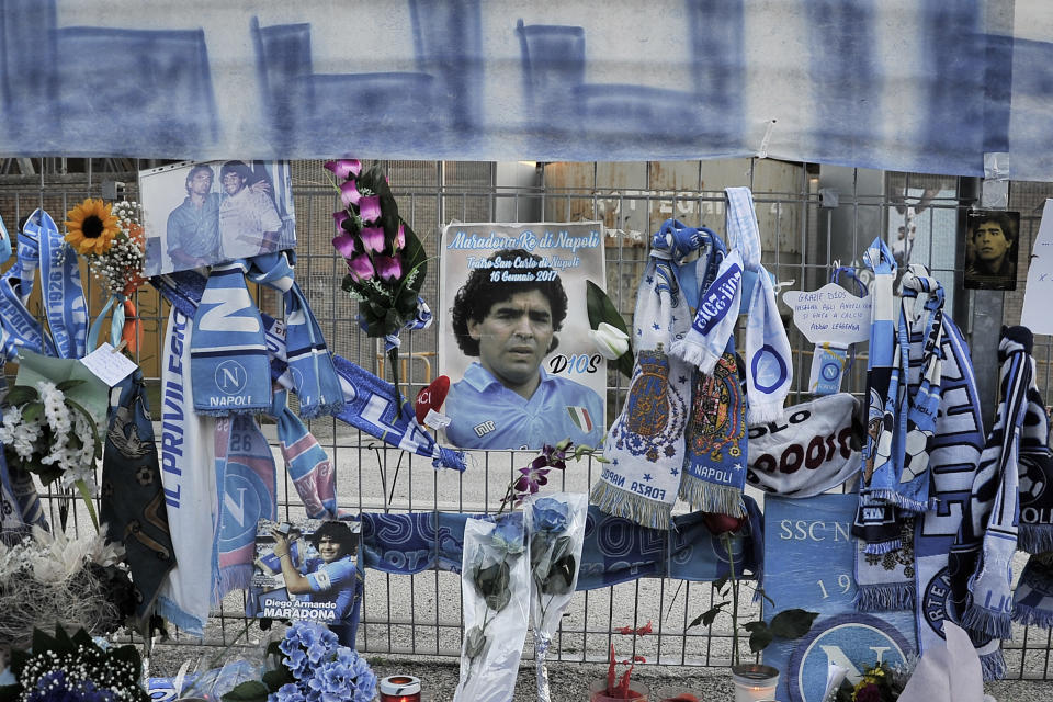 Memories of Diego Armando Maradona left outside the San Paolo stadium by the fans, to remember his death.