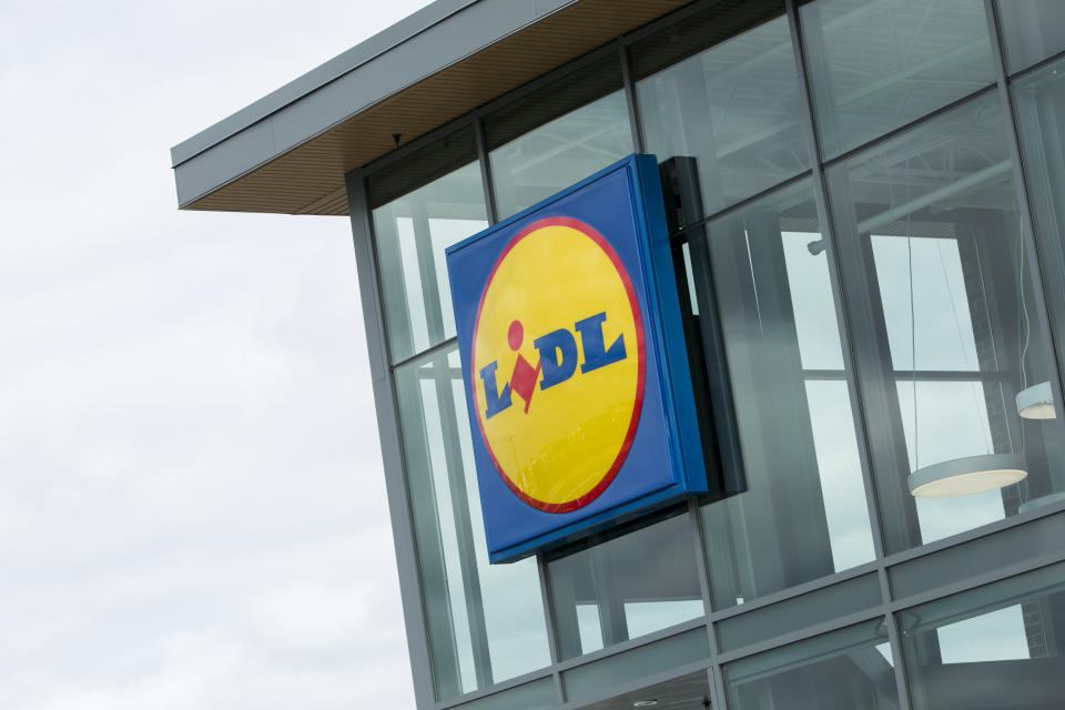 A logo sign outside of a Lidl grocery retail store in Middletown, Delaware on April 29, 2018. (Photo by Kristoffer Tripplaar/Sipa USA)