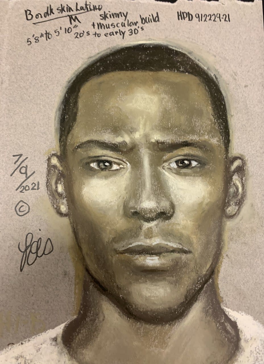 Image of the suspect, who police describe as a Black or Hispanic man in his 20s or early 30s (Houston Police Department)