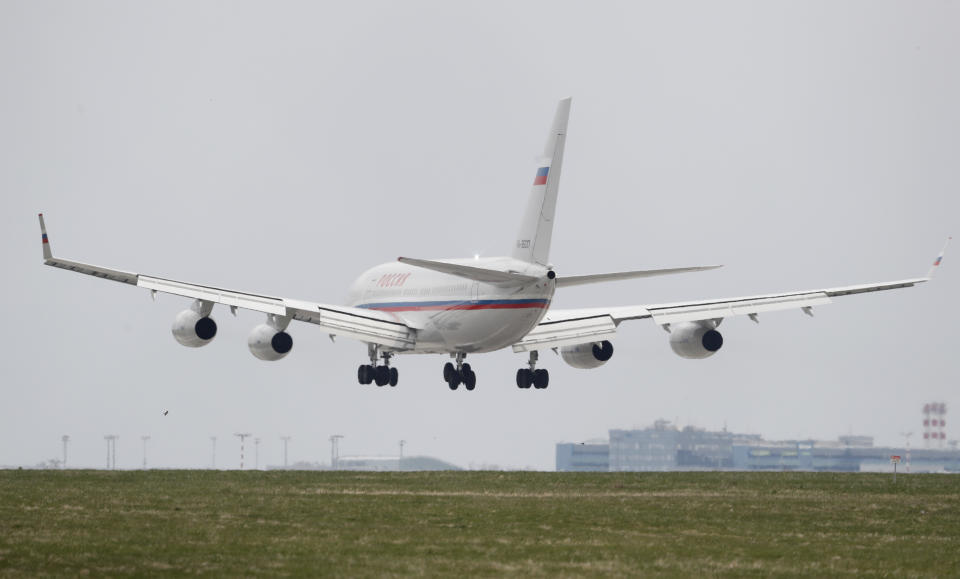 Russian special government plane lands at the Vaclav Havel airport in Prague, Czech Republic, Monday, April 19, 2021. Czech Republic is expelling 18 diplomats identified as spies over a 2014 ammunition depot explosion. On Saturday, April 17, 2021, Prime Minister Andrej Babis said the Czech spy agencies provided clear evidence about the involvement of Russian military agents in the massive explosion that killed two people. (AP Photo/Petr David Josek)