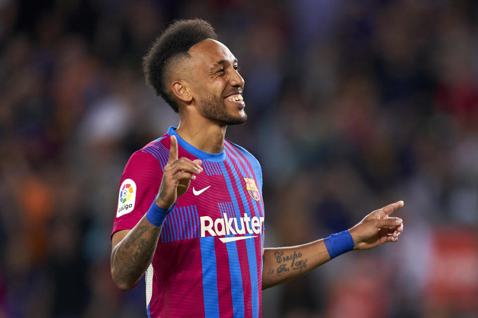 BARCELONA, SPAIN - MAY 10: Pierre-Emerick Aubameyang of FC Barcelona celebrates after scoring his team's third goal during the LaLiga Santander match between FC Barcelona and RC Celta de Vigo at Camp Nou on May 10, 2022 in Barcelona, Spain. (Photo by Pedro Salado/Quality Sport Images/Getty Images)