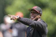 Atlanta Falcons head coach Raheem Morris directs his players during their NFL rookie minicamp football practice Friday, May 10, 2024, in Flowery Branch, Ga. (AP Photo/John Bazemore)