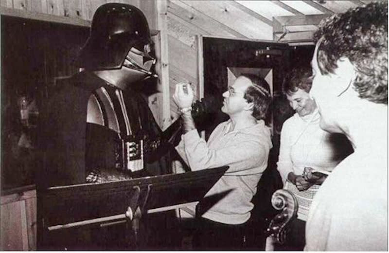 Darth Vader gets instruction from Meco during the <em>Christmas in the Stars</em> session. (Photo: Meco Monardo/TheForce.Net)