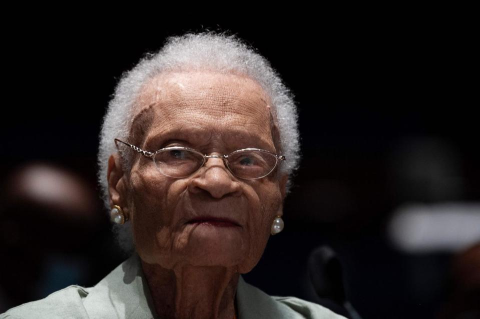 PHOTO: Viola Fletcher, the oldest living survivor of the Tulsa Massacre, testifies before the Civil Rights and Civil Liberties Subcommittee hearing 'Continuing Injustice: The Centennial of the Tulsa-Greenwood Race Massacre' on Capitol Hill, May 19, 2021.  (Jim Watson/AFP via Getty Images, FILE)