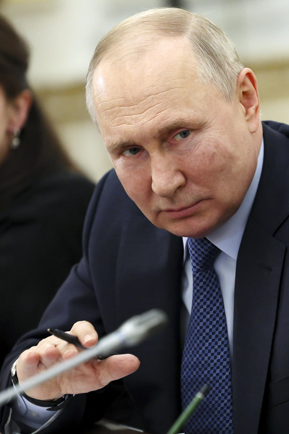 Russian President Vladimir Putin speaks during a meeting with Russian war correspondents who cover a special military operation, at the Kremlin in Moscow, Russia, Tuesday, June 13, 2023. (Gavriil Grigorov, Sputnik, Kremlin Pool Photo via AP)