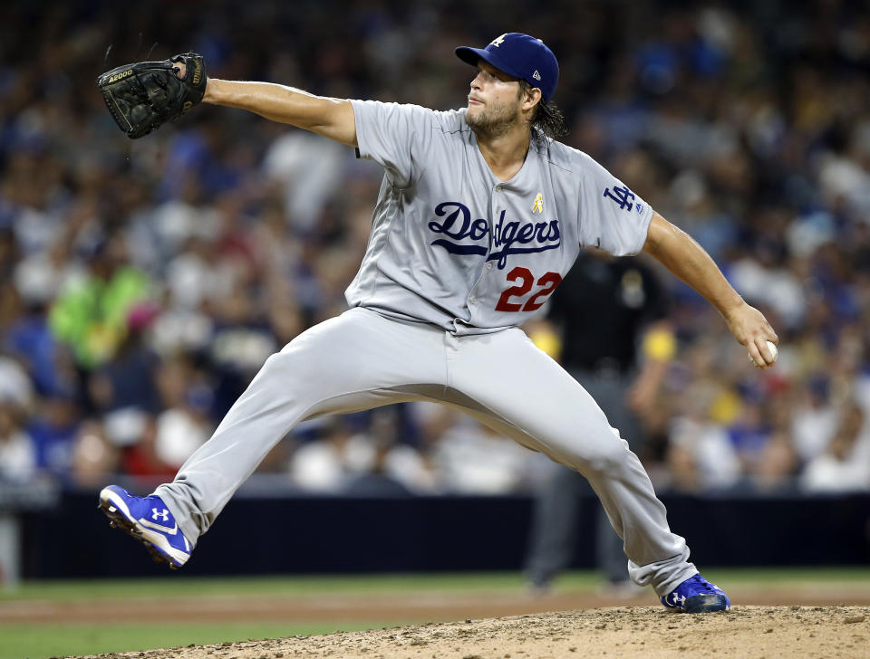 Dodgers starting pitcher Clayton Kershaw throws during the fifth inning of a baseball game against the Padres in San Diego. (AP)