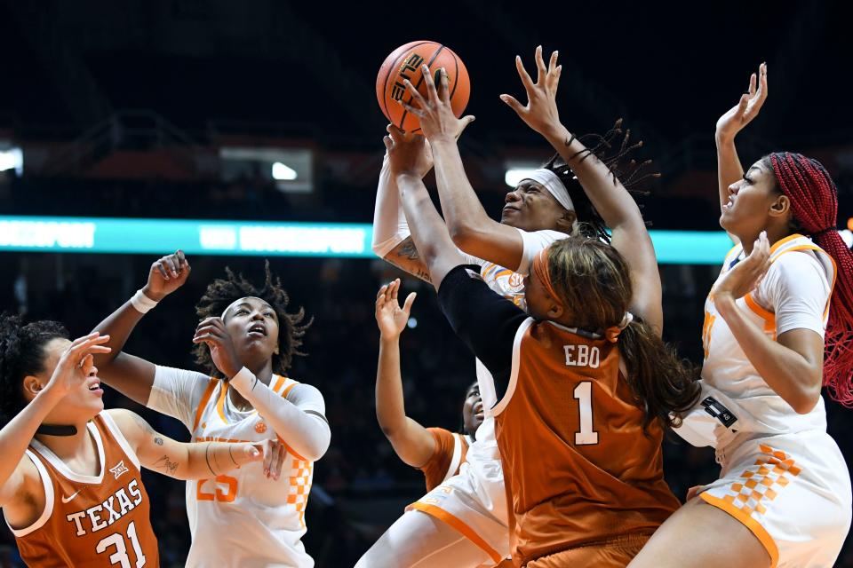 Tennessee forward Alexus Dye (2) scores on an offensive rebound tie the game in the NCAA women's basketball game between the Tennessee Lady Vols and Texas Longhorns in Knoxville, Tenn. on Sunday, November 21, 2021.