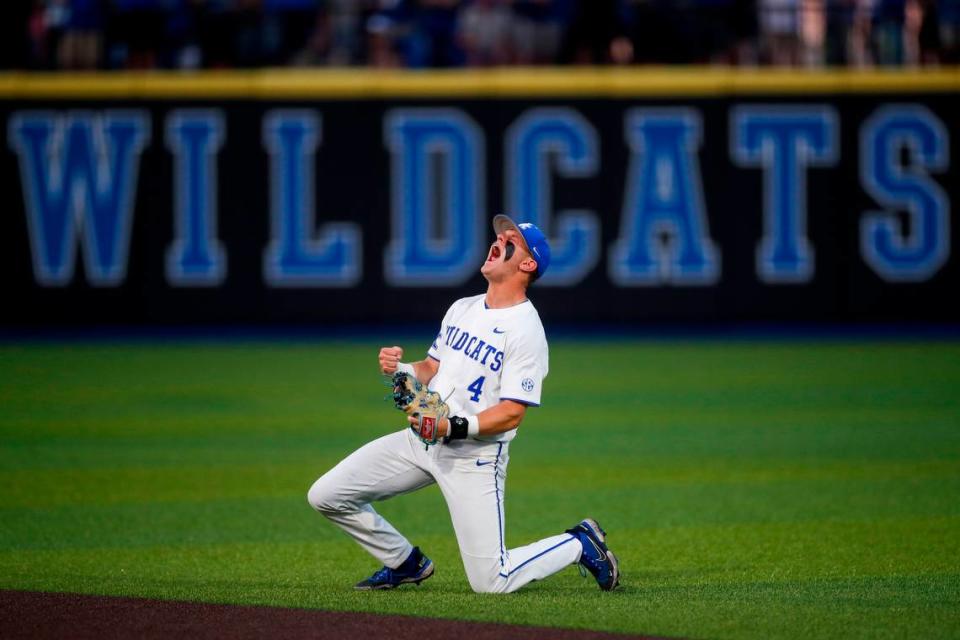 Kentucky infielder Émilien Pitre (4) celebrates making the final out against Indiana to win the region and advance to the super regional in the NCAA baseball tournament at Kentucky Proud Park in Lexington, Ky., Monday, June 5, 2023. UK’s season would go on to end with two losses at No. 7 LSU.