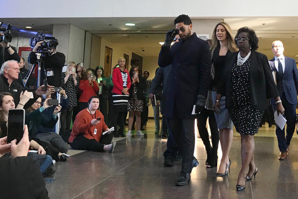 Jussie Smollett arrives a news conference after a hearing at the Leighton Criminal Court Building in Chicago on Tuesday. (Photo: Amanda Seitz/AP)