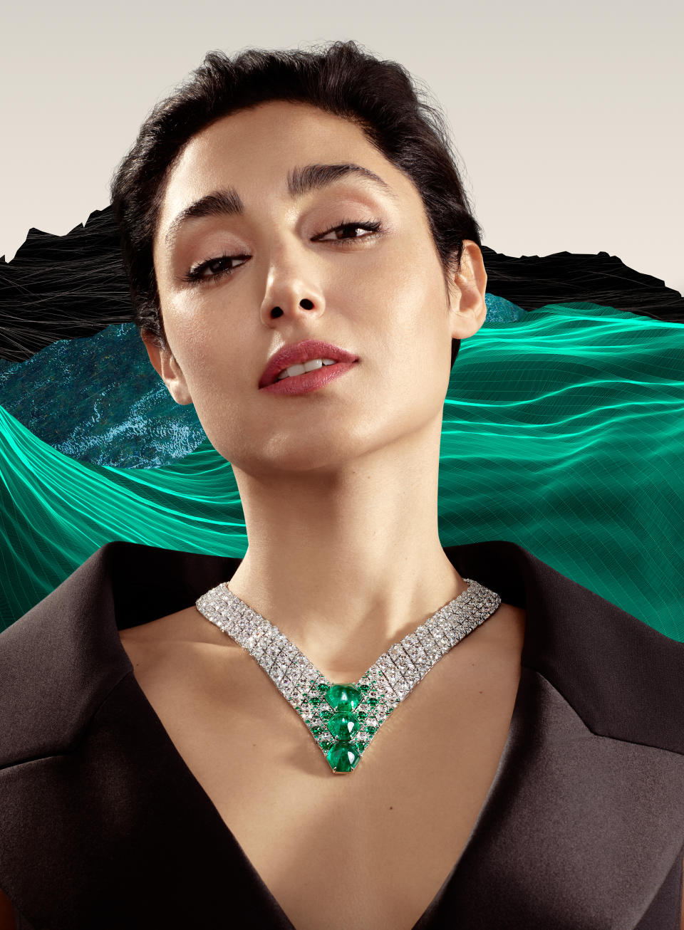 Golshifteh Farahani models the Iwara necklace from Cartier’s “Beautés du monde” high jewelry collection. - Credit: Courtesy of Cartier