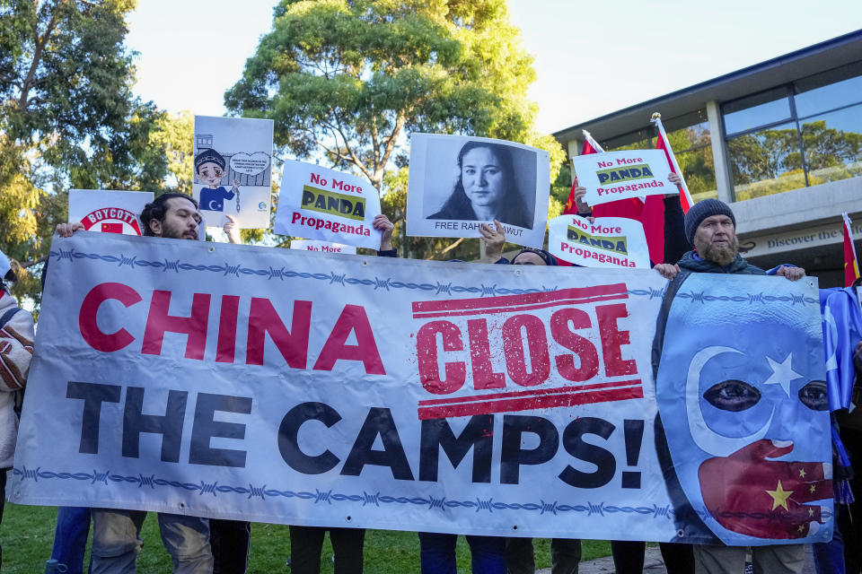 Protesters hold placards ahead of the vist by Chinese Premier Li Qiang to Adelaide Zoo, Australia, Sunday, June 16, 2024. Li is on a relations-mending mission with panda diplomacy, rock lobsters and China's global dominance in the critical minerals sector high on the agenda during his four day visit to Australia. (Asanka Brendon Ratnayake/Pool Photo via AP)