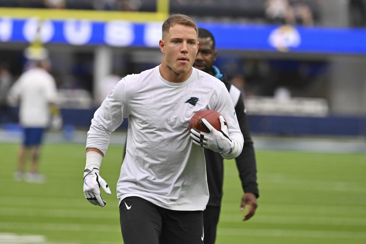 Carolina Panthers running back Christian McCaffrey warms up before an NFL football game against the Los Angeles Rams Sunday, Oct. 16, 2022, in Inglewood, Calif. (AP Photo/Jayne Kamin-Oncea)