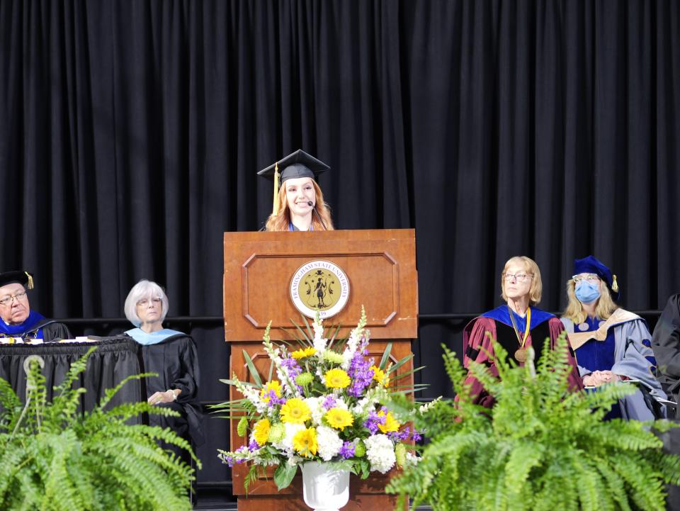 Samantha Collette, president of the Class of 2022 at Framingham State University, delivers her speech during commencement ceremonies Sunday at the DCU Center in Worcester.