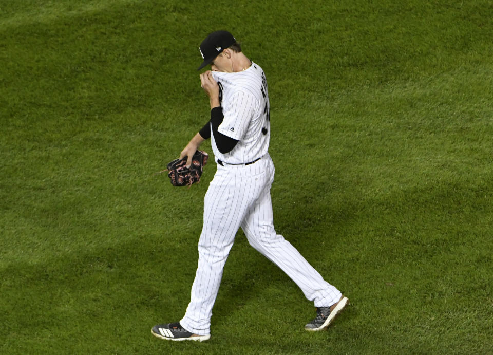 Chicago White Sox starting pitcher Michael Kopech leaves the team's baseball game against the Detroit Tigers during the fourth inning Wednesday, Sept. 5, 2018, in Chicago. (AP Photo/David Banks)