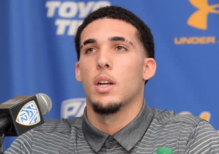 Nov 15, 2017; Los Angeles, CA, USA; UCLA Bruins guard LiAngelo Ball speaks at a press conference regarding the arrest of Ball and freshman teammates Jalen Hill and Cody Riley (both not pictured) in China for shoplifting. Ball is the son of LaVar Ball and Los Angeles Lakers guard Lonzo Ball (both not pictured). Mandatory Credit: Kirby Lee-USA TODAY Sports