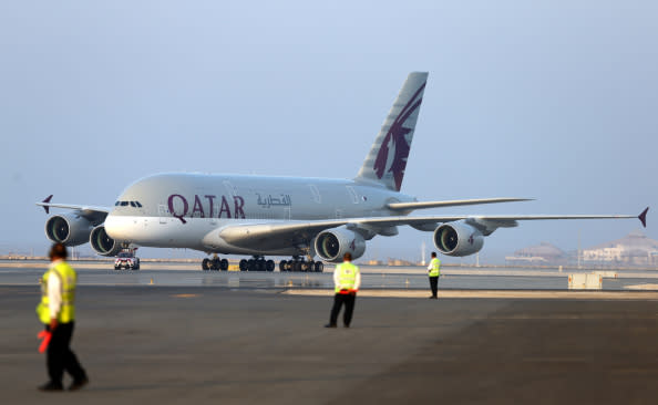 A Qatar Airways' Airbus A380 is seen at Hamad International Airport in Doha, Qatar.