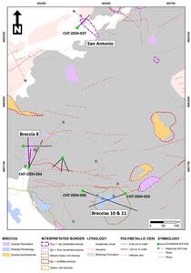 Location of current drill holes at Chanape. CHT-DDH-034 tests Breccia 8, CHT-DDH-035 and CHT-DDH-036 test Breccia 10 & 11 and CHT-DDH-037 tests the San Antonio breccia.