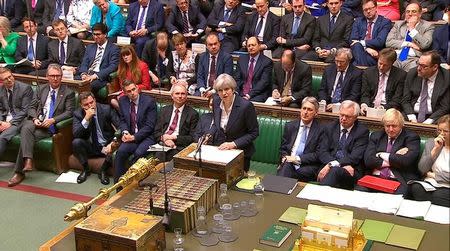 Britain's Prime Minister Theresa May speaks in Parliament as she announces that she has sent the letter to trigger the process of leaving the European Union in London, March 29, 2017. Parliament TV handout via REUTERS