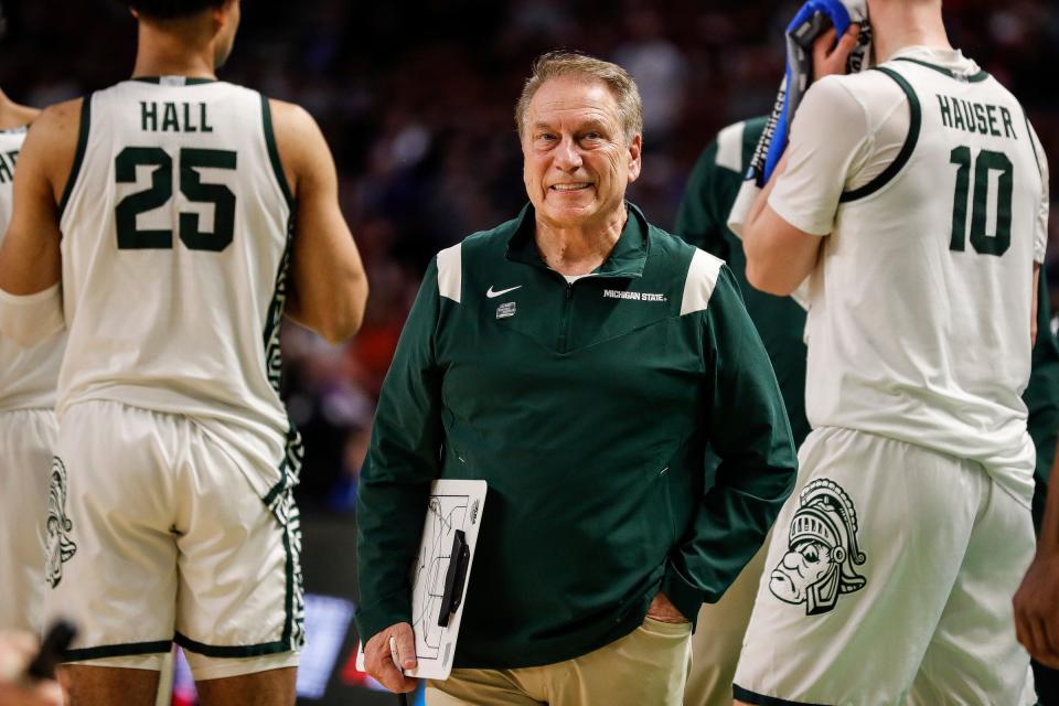 Michigan State head coach Tom Izzo reacts to a play against Davidson during the second half of the Spartans' 74-73 victory in the first round of the NCAA tournament at Bon Secours Wellness Arena in Greenville, S.C. on Friday, March 18, 2022.