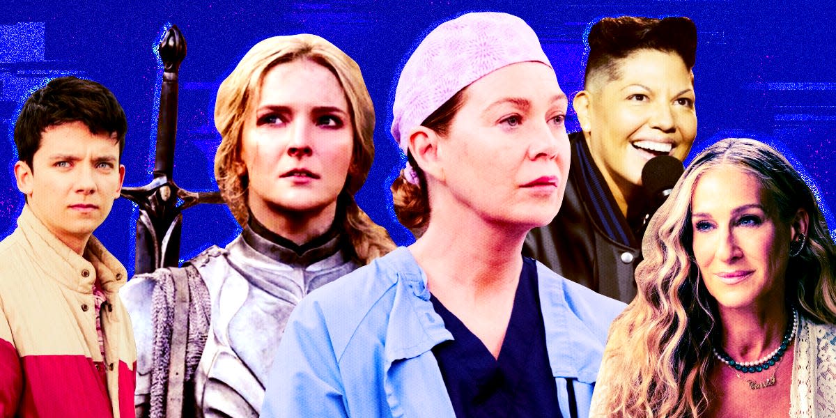 Collage of actors from shows that should have been canceled in 2022. including: Asa Butterfield as Otis Milburn in Sex Education, ‘Rings of Power’ Star Morfydd Clark, Ellen Pompeo from Grey's Anatomy, Sara Ramírez, who plays Che Diaz and Sarah Jessica Parker in And Just Like That