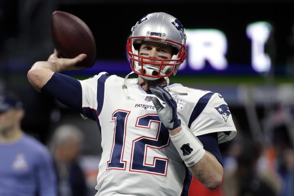 New England Patriots' Tom Brady warms up before the NFL Super Bowl 53 football game between the Patriots and the Los Angeles Rams, Sunday, Feb. 3, 2019, in Atlanta. (AP Photo/Patrick Semansky)