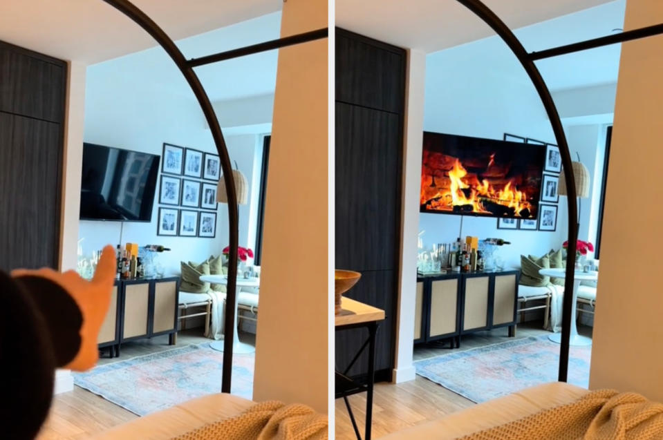Cozy living room with a fireplace on the TV screen, viewed through a round mirror