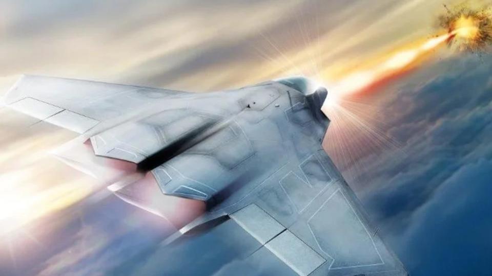 An earlier rendering of a sixth-generation combat jet, seen firing a directed-energy weapon. <em>Northrop Grumman</em><br>