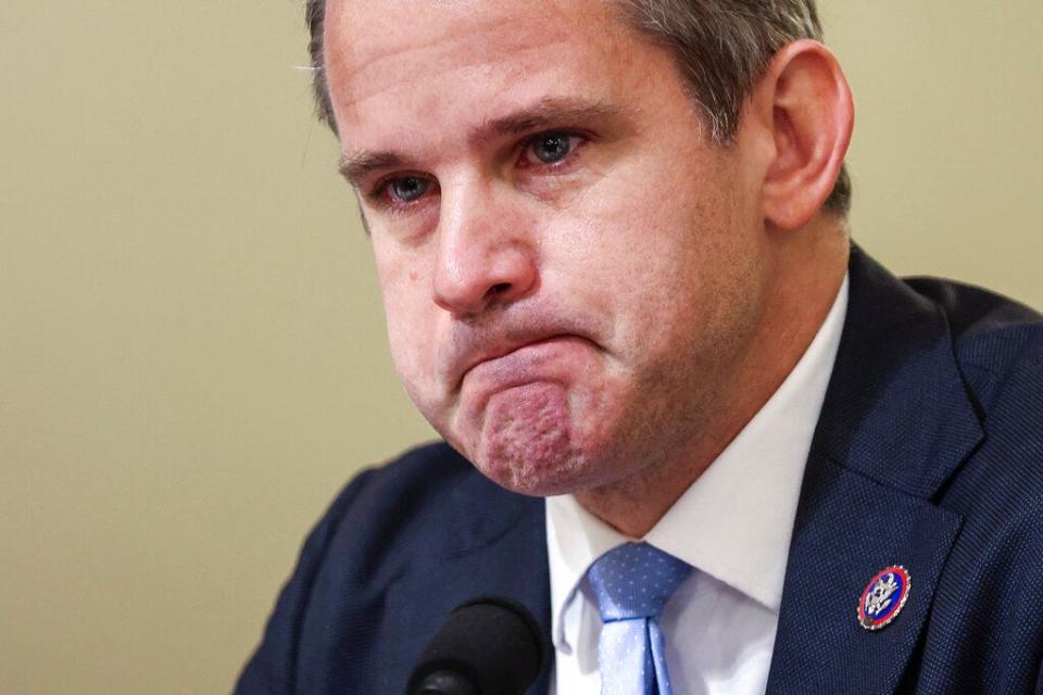 Rep. Adam Kinzinger, R-Ill., gets emotional as he speaks during the House select committee hearing on the Jan. 6 attack on Capitol Hill in Washington, on July 27, 2021.