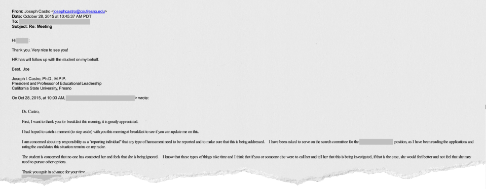 Joseph Castro acknowledges a complaint about the conference-room incident involving Frank Lamas and Jennifer Cushing in this Oct. 28, 2015, email obtained by USA TODAY.