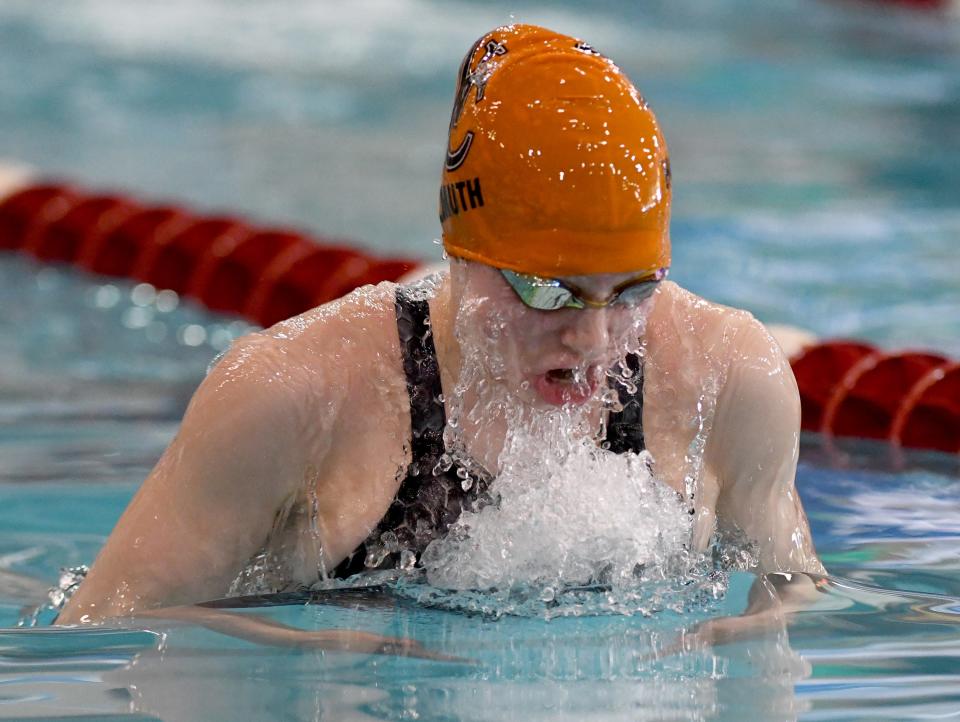 Hoover’s Anna Helmuth competes in Girls 100 Yard Breaststroke in 2024 OHSAA Division I State Swimming Prelims at C.T. Branin Natatorium in Canton. Friday, February 23, 2024.