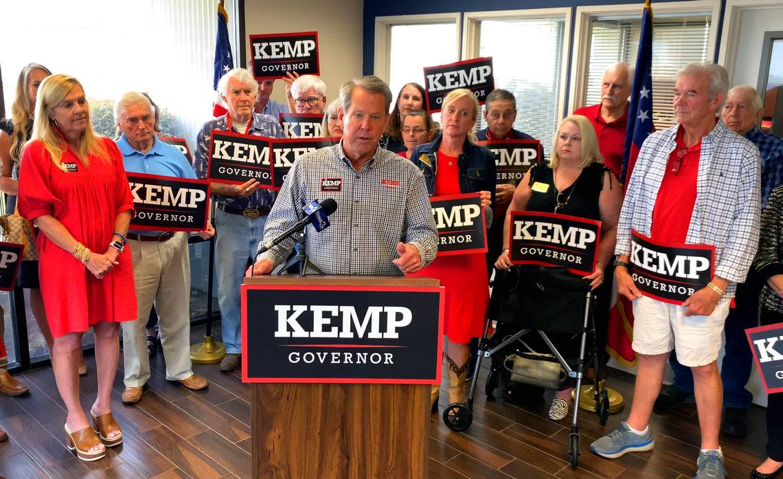 Georgia Gov. Brian Kemp and his family were joined by other statewide candidates for office on a “Putting Georgians First” Fly-Around Tour and get out the vote rallies across the state Monday before the Nov. 8, 2022 election. His Columbus stop was at Flightways Columbus at the Columbus Airport. 11/07/2022